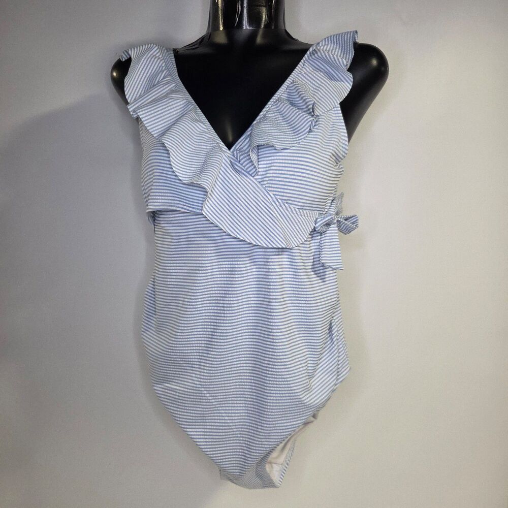 Kindred Bravely Ruffle Wrap Maternity & Nursing One Piece Swimsuit Blue & White